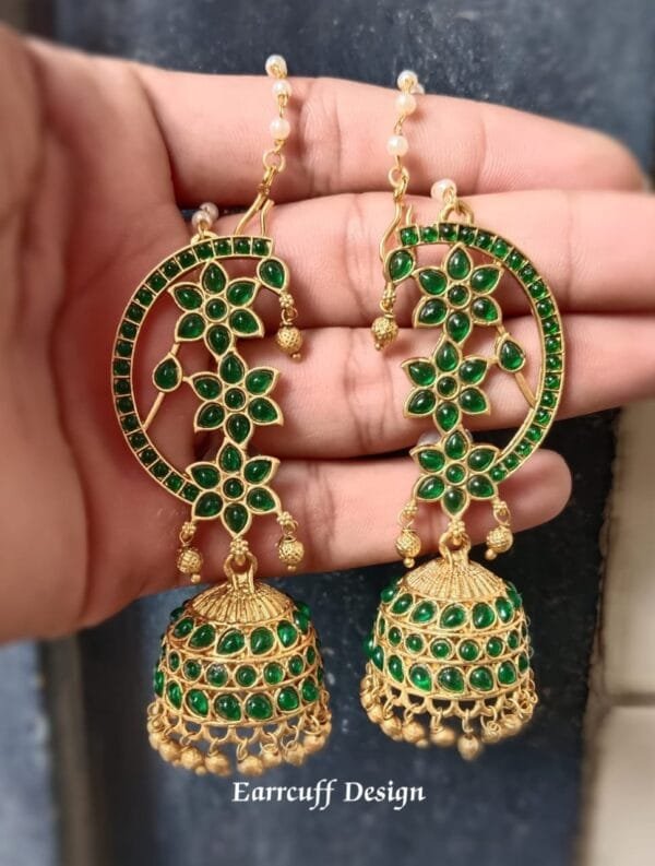 Antique Matte Gold Finish Traditional Long Maatal Jhumkas With Red & Green Kemp Stone