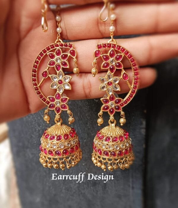 Antique Matte Gold Finish Traditional Long Maatal Jhumkas With Red & Green Kemp Stone - Image 4