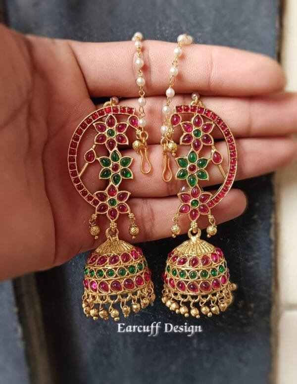 Antique Matte Gold Finish Traditional Long Maatal Jhumkas With Red & Green Kemp Stone - Image 3