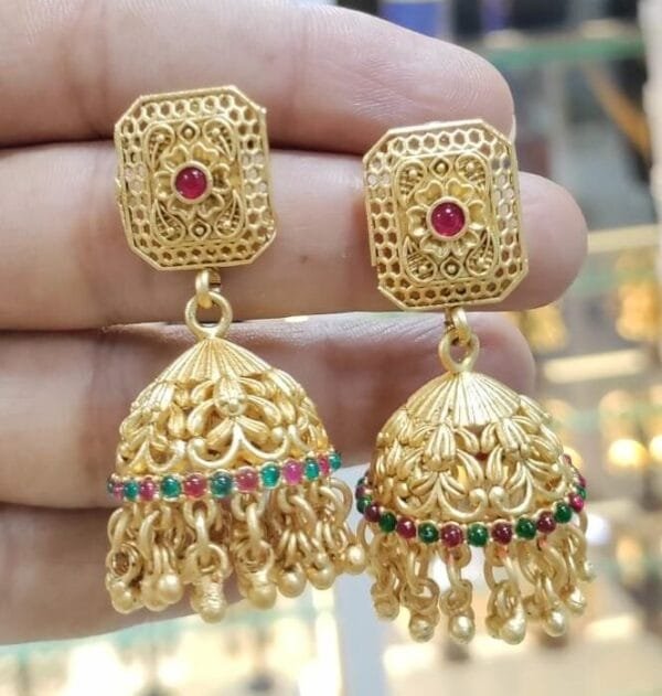 Antique Matte Gold Finish Traditional Earring Jhumkas With Kemp Stone