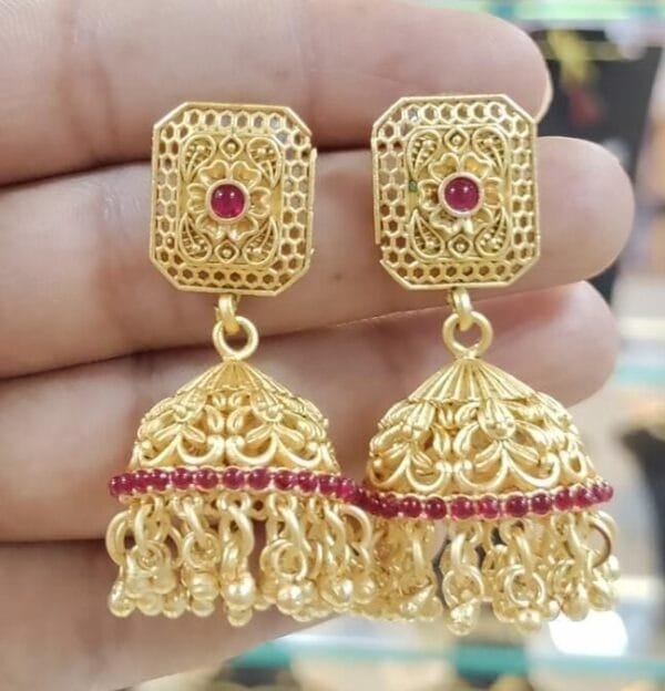 Antique Matte Gold Finish Traditional Earring Jhumkas With Kemp Stone - Image 3