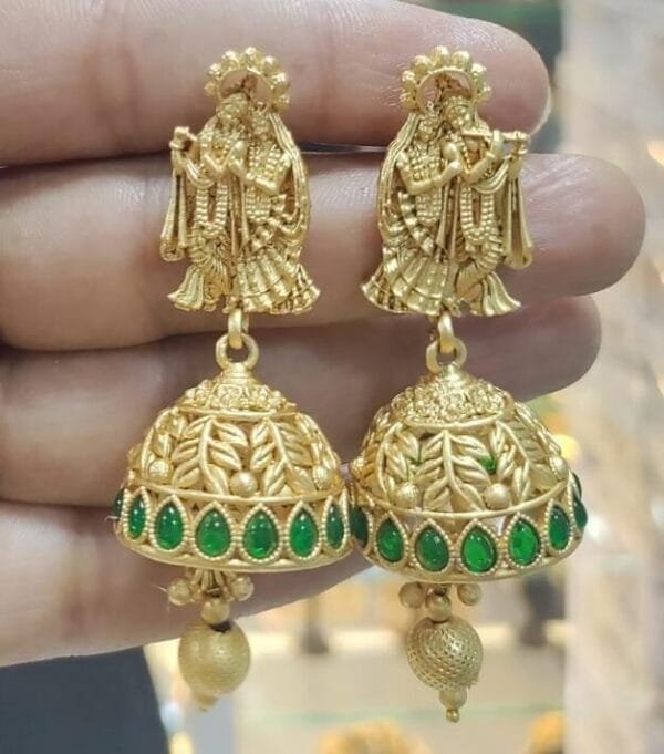 Antique Matte Gold Finish Traditional Radha-Krishna Design Earring Jhumkas With Kemp Stone - Image 2