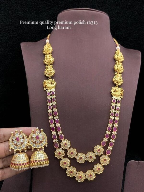 Temple South Indian Long Haram Necklace With Earring Jewellery Set For Wedding