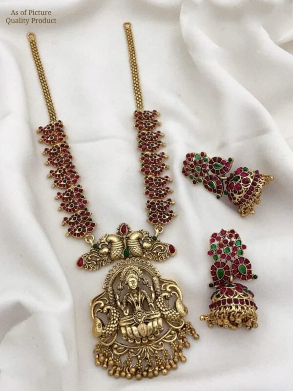 Temple South Indian Long Haram Necklace With Earring Jewellery Set For Wedding - Image 3