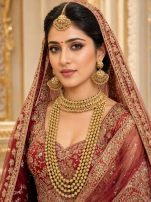 Antique Gold Bridal Choker and Multi-Layer Ball Mala Set Bride wearing antique gold choker, multi-layer gold ball mala, floral earrings and maang tikka