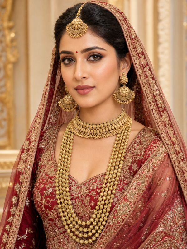 Antique Gold Bridal Choker and Multi-Layer Ball Mala Set Bride wearing antique gold choker, multi-layer gold ball mala, floral earrings and maang tikka