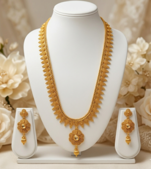 Antique Gold Long Necklace Set with Floral Pendant Antique gold long necklace set with floral pendant and matching earrings