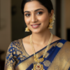 Pearl Mala Necklace Set with Antique Gold Pendant on Model Woman wearing long pearl mala necklace with antique gold pendant and matching jhumka earrings