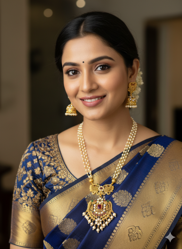Pearl Mala Necklace Set with Antique Gold Pendant on Model Woman wearing long pearl mala necklace with antique gold pendant and matching jhumka earrings