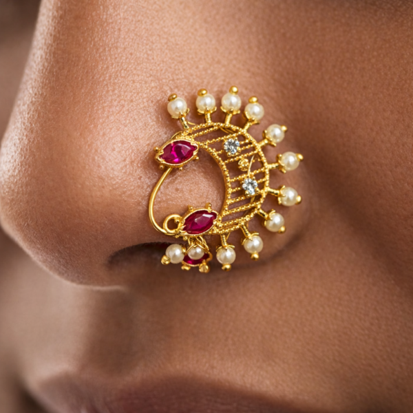 Peacock design gold-tone nath with red stones, white stones and pearl beads