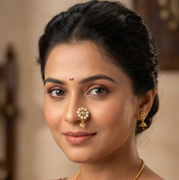 Woman wearing Maharashtrian pearl nath nose pin with floral gold-tone design