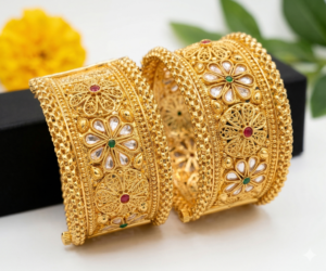 Rajwadi broad floral Kundan bangles with white stones and red green accents