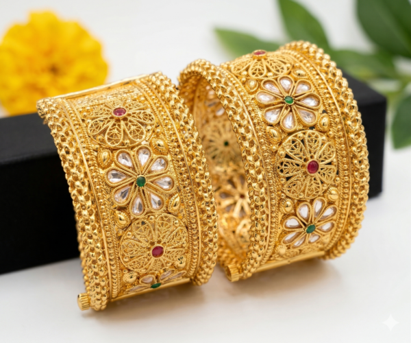 Rajwadi Floral Kundan Broad Bangles Rajwadi broad floral Kundan bangles with white stones and red green accents