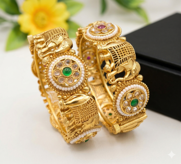 Rajwadi Elephant Design Kundan Bangles Rajwadi elephant design Kundan bangles with green red stones and pearl borders