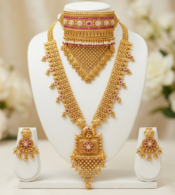 Rajwadi Bridal Choker and Long Necklace Combo Set Rajwadi bridal choker and long necklace set with pink stones, pearl detailing and matching earrings