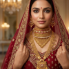 Rajwadi Bridal Jewellery Set on Model Bridal model wearing Rajwadi choker, long pendant necklace and matching earrings
