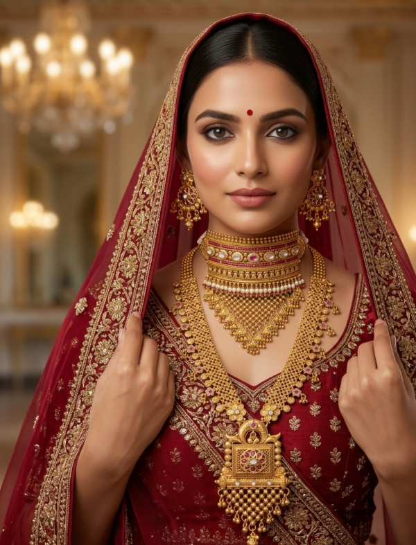 Rajwadi Bridal Jewellery Set on Model Bridal model wearing Rajwadi choker, long pendant necklace and matching earrings