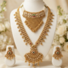 Rajwadi Bridal Choker and Long Haar Jewellery Set Rajwadi bridal choker and long haar set with red green stones, large pendant and matching earrings