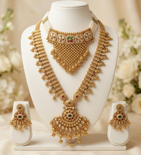 Rajwadi Bridal Choker and Long Haar Jewellery Set Rajwadi bridal choker and long haar set with red green stones, large pendant and matching earrings