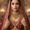 Rajwadi Bridal Jewellery Set on Model Bridal model wearing Rajwadi pearl choker, long pendant haar and matching earrings