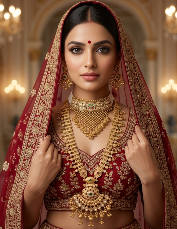 Rajwadi Bridal Jewellery Set on Model Bridal model wearing Rajwadi pearl choker, long pendant haar and matching earrings