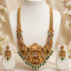 South Indian Temple Long Haram Set with Green Beads South Indian temple long haram set with deity pendant, green bead drops and matching earrings