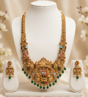 South Indian temple long haram set with deity pendant, green bead drops and matching earrings