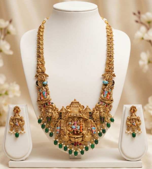 South Indian Temple Long Haram Set with Green Beads South Indian temple long haram set with deity pendant, green bead drops and matching earrings