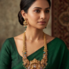 South Indian Temple Long Haram Jewellery Set on Model Woman wearing South Indian temple long haram with deity pendant, green beads and matching earrings