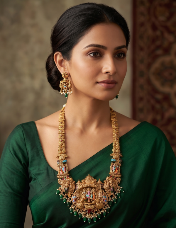 South Indian Temple Long Haram Jewellery Set on Model Woman wearing South Indian temple long haram with deity pendant, green beads and matching earrings