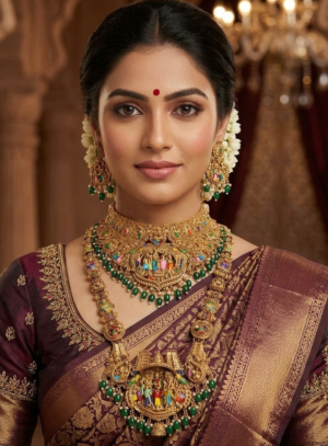 South Indian Temple Jewellery Combo Set with Green Beads