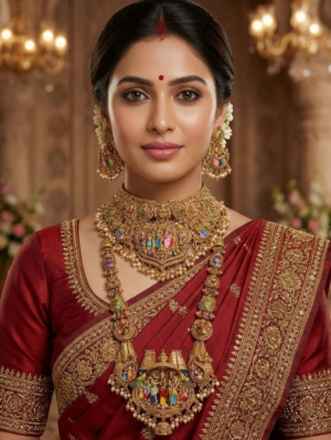 South Indian Temple Jewellery Combo Set with Long Haram