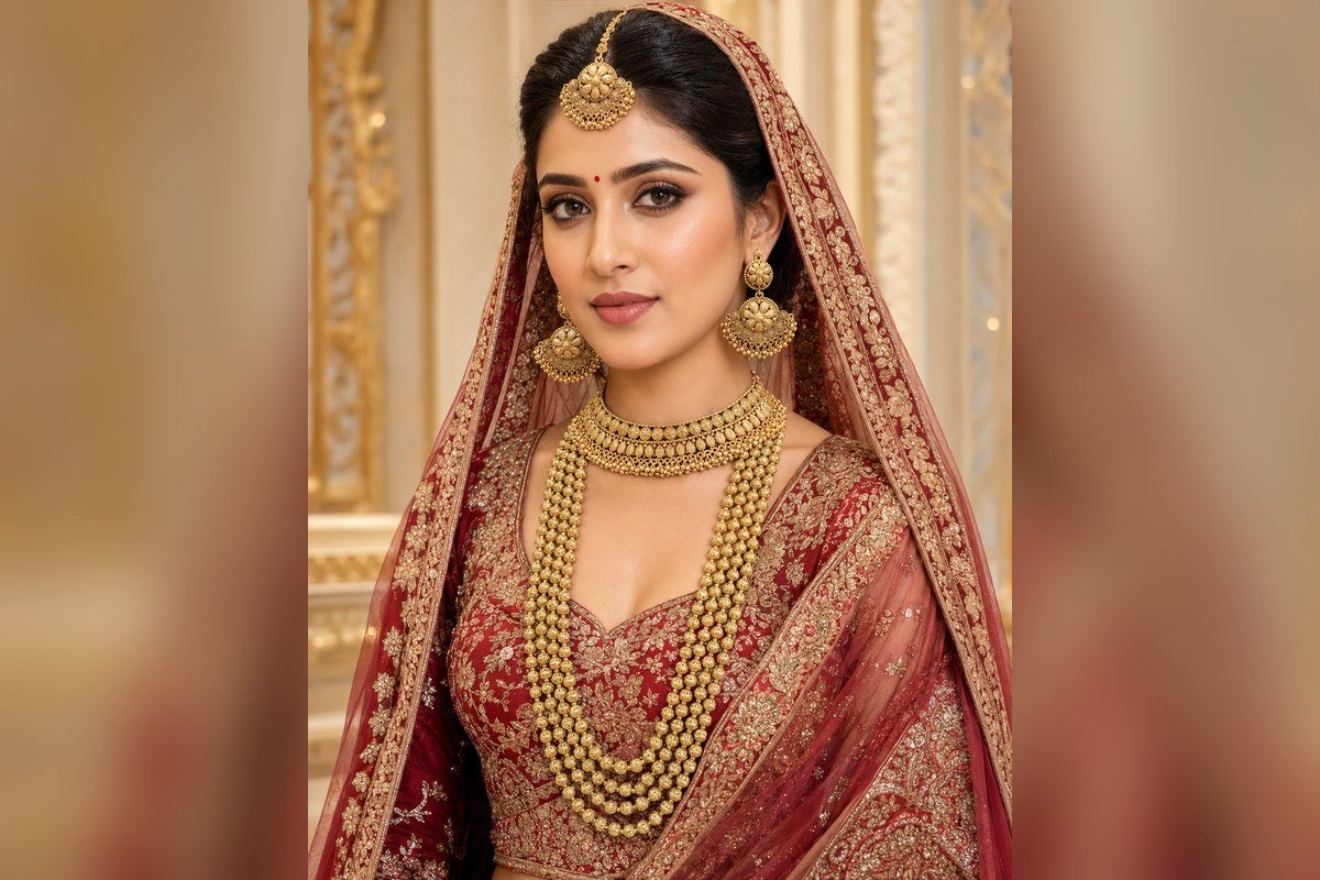 Traditional Indian bride wearing elegant gold jewellery by Jewels Collection