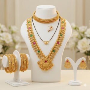 Traditional Maharashtrian jewellery set with necklace, bangles, earrings and nath