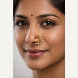 Traditional Maharashtrian gold nath with red stones and white pearls worn by woman