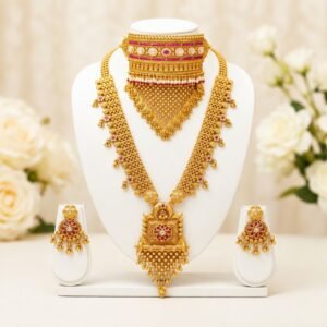 Rajwadi gold necklace set with broad choker, long pendant necklace and matching earrings