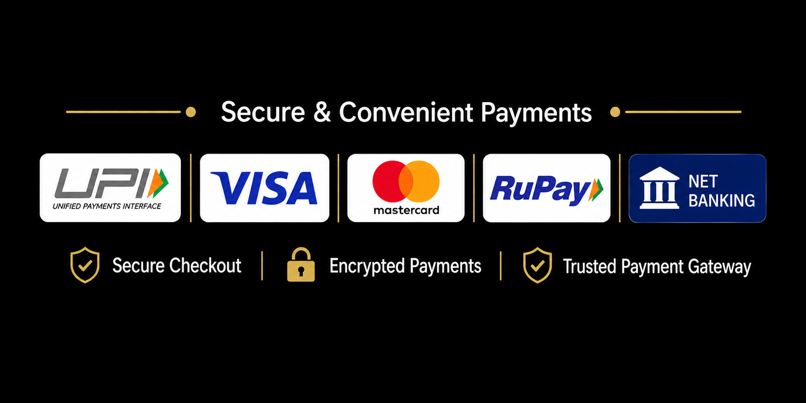 Secure payment methods - UPI, Visa, Mastercard, RuPay and Net Banking