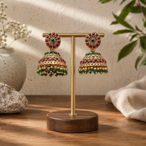 Matte Gold Finish Kemp Jhumka Earrings Matte Gold Finish Kemp Jhumka Earrings with Red Green Stones