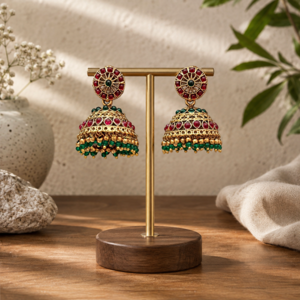 Matte Gold Finish Kemp Jhumka Earrings with Red Green Stones