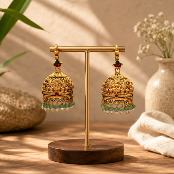 Matte Gold Finish Temple Jhumka Earrings Matte Gold Finish Temple Jhumka Earrings with Green Beads