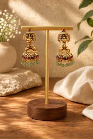 Matte Gold Finish Temple Jhumka Earrings with Green Beads