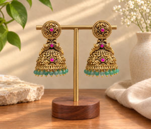 Matte Gold Finish Floral Jhumka Earrings with Green Beads