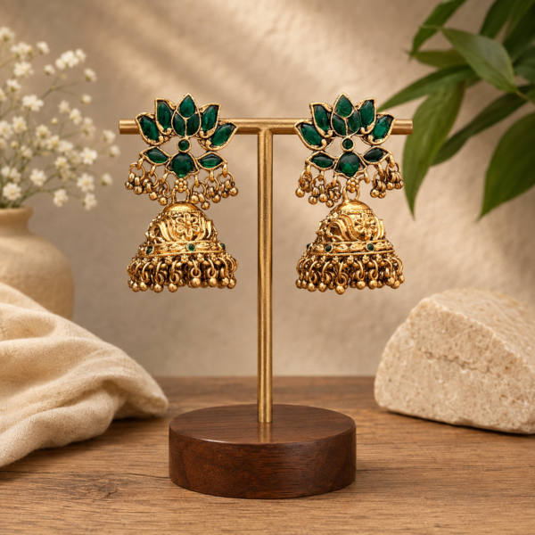 Matte Gold Finish Green Stone Floral Jhumka Earrings for Women