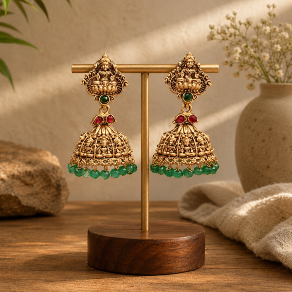 Matte Gold Finish Lakshmi Temple Jhumka Earrings with Green Beads