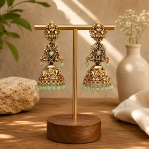 Matte Gold Finish Lakshmi Temple Long Jhumka Earrings with Green Beads