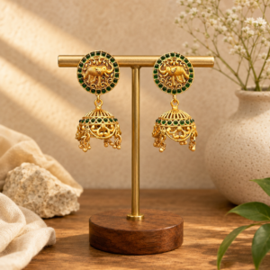 Elephant Motif Matte Gold Jhumka Earrings with Green Stones