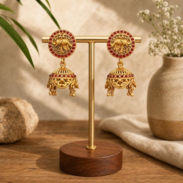 Elephant Motif Matte Gold Jhumka Earrings with Ruby Stones