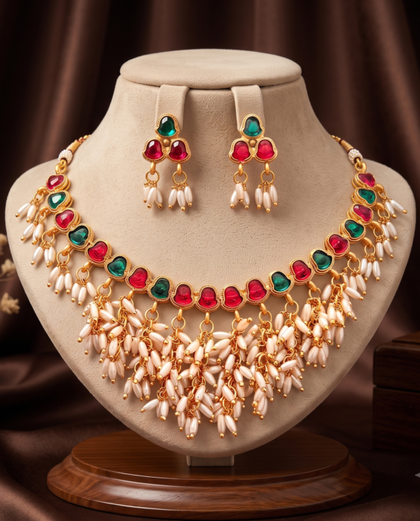 Ruby & Emerald Stone Pearl Drop Necklace Set Ruby and emerald stone pearl drop necklace set with matching earrings