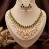 Emerald Green Stone Pearl Drop Necklace Set Ruby Emerald Stone Pearl Drop Necklace Set with Matching Earrings