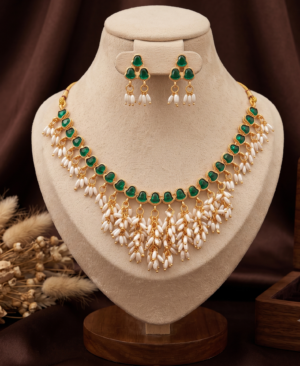 Emerald Green Stone Pearl Drop Necklace Set Ruby Emerald Stone Pearl Drop Necklace Set with Matching Earrings